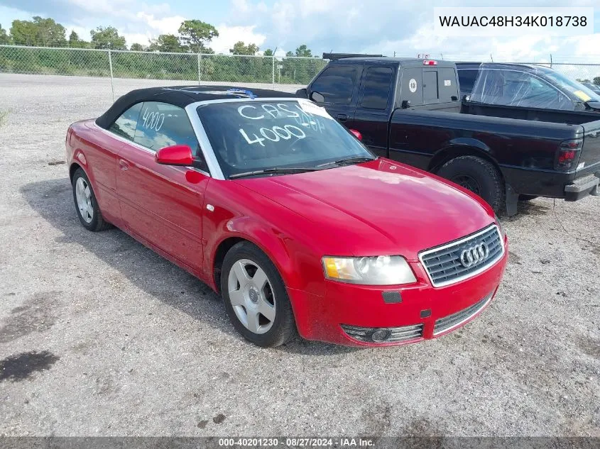 2004 Audi A4 1.8T VIN: WAUAC48H34K018738 Lot: 40201230