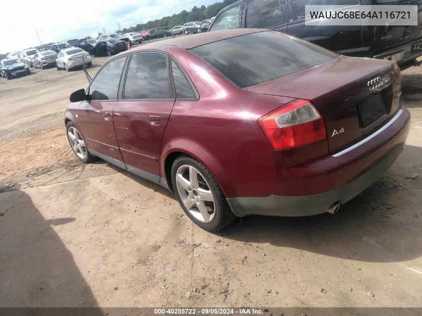 2004 Audi A4 1.8T VIN: WAUJC68E64A116721 Lot: 40255722