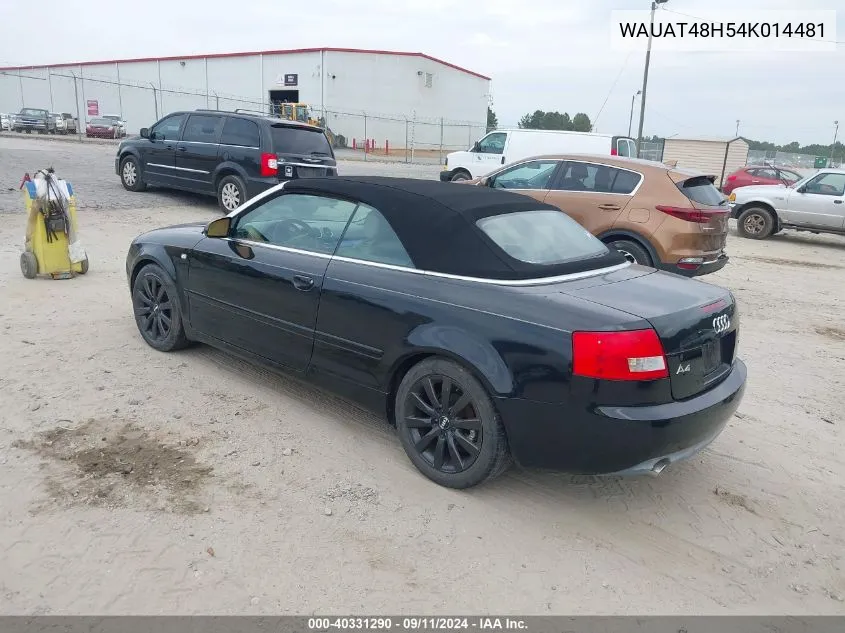 2004 Audi A4 3.0 VIN: WAUAT48H54K014481 Lot: 40331290