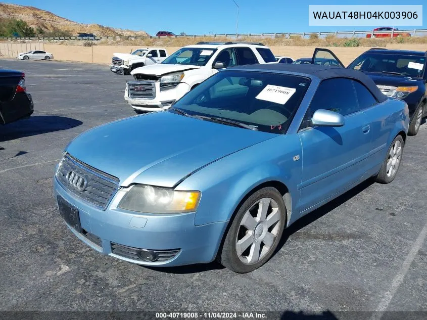 2004 Audi A4 3.0 Cabriolet VIN: WAUAT48H04K003906 Lot: 40719008