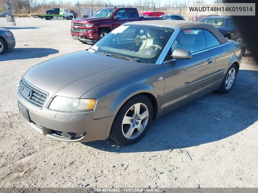 2004 Audi A4 3.0 VIN: WAUDT48H14K019514 Lot: 40763982