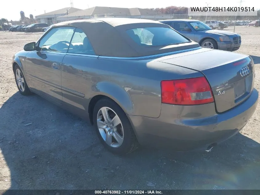 2004 Audi A4 3.0 VIN: WAUDT48H14K019514 Lot: 40763982