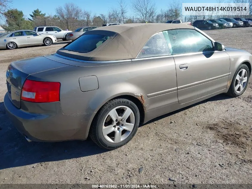 2004 Audi A4 3.0 VIN: WAUDT48H14K019514 Lot: 40763982