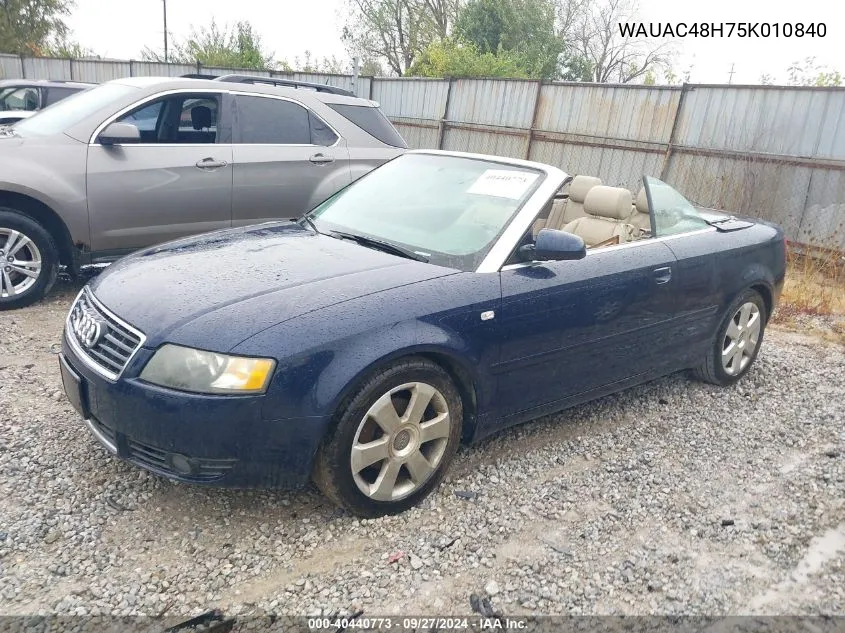 2005 Audi A4 1.8T VIN: WAUAC48H75K010840 Lot: 40440773