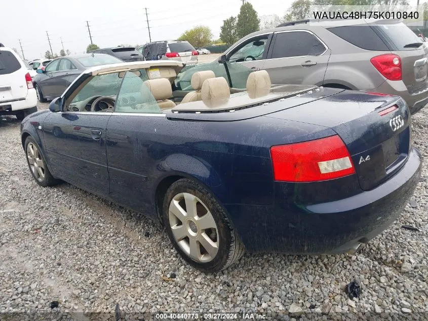 2005 Audi A4 1.8T VIN: WAUAC48H75K010840 Lot: 40440773