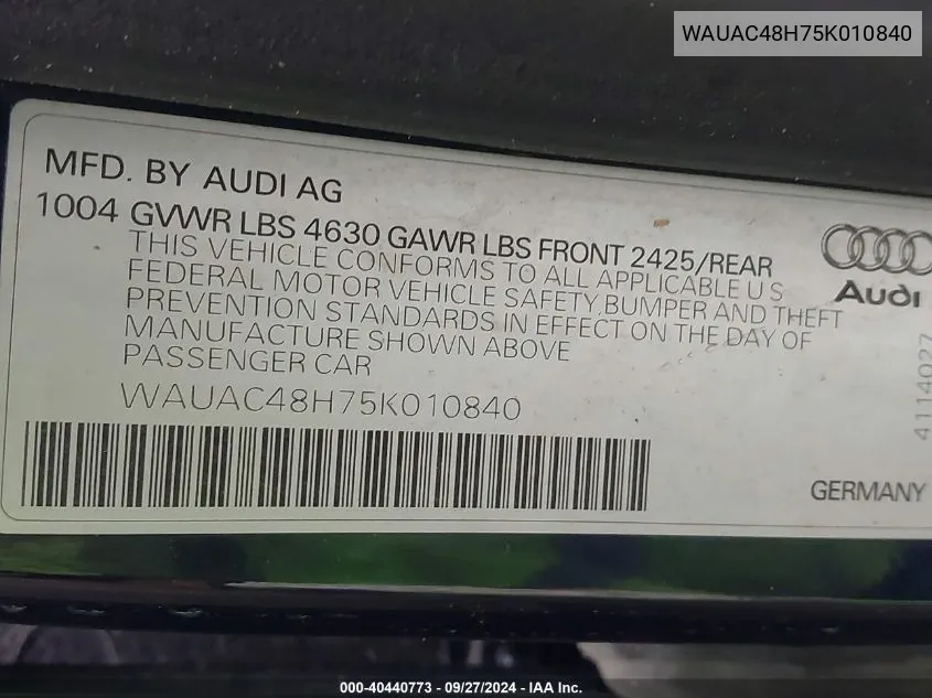 2005 Audi A4 1.8T VIN: WAUAC48H75K010840 Lot: 40440773