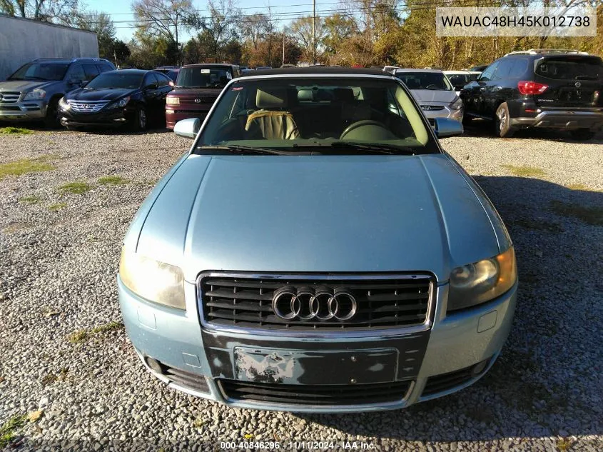 2005 Audi A4 1.8T VIN: WAUAC48H45K012738 Lot: 40846296