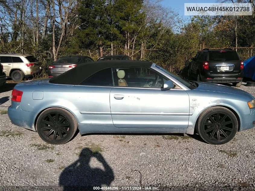 2005 Audi A4 1.8T VIN: WAUAC48H45K012738 Lot: 40846296