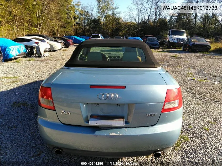 2005 Audi A4 1.8T VIN: WAUAC48H45K012738 Lot: 40846296