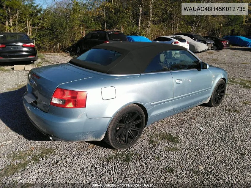 2005 Audi A4 1.8T VIN: WAUAC48H45K012738 Lot: 40846296