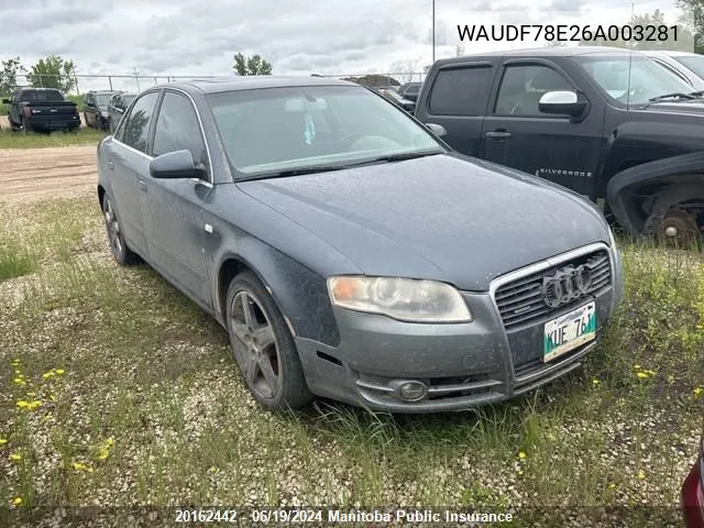 2006 Audi A4 2.0T Quattro VIN: WAUDF78E26A003281 Lot: 20162442