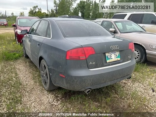 2006 Audi A4 2.0T Quattro VIN: WAUDF78E26A003281 Lot: 20162442