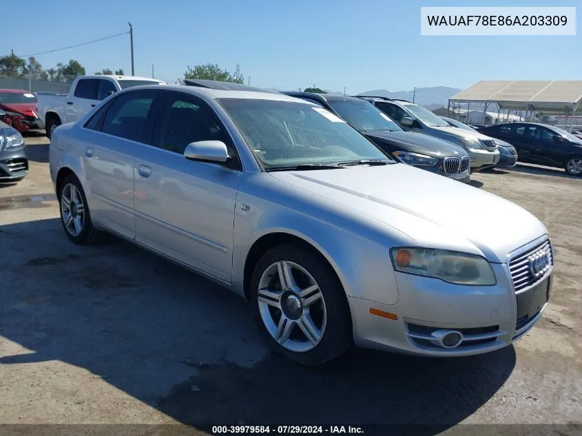 2006 Audi A4 2.0T VIN: WAUAF78E86A203309 Lot: 39979584