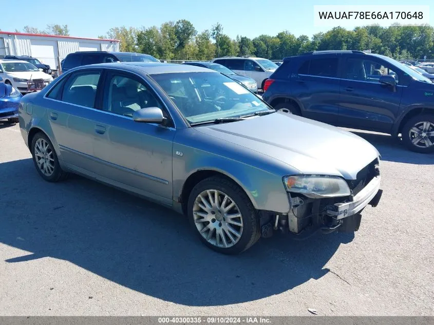 2006 Audi A4 2.0T VIN: WAUAF78E66A170648 Lot: 40300335