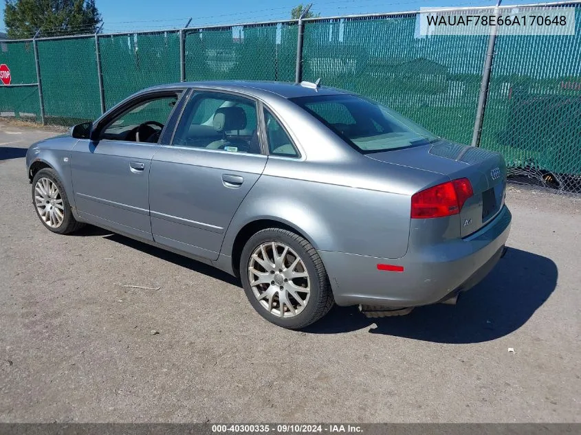 2006 Audi A4 2.0T VIN: WAUAF78E66A170648 Lot: 40300335