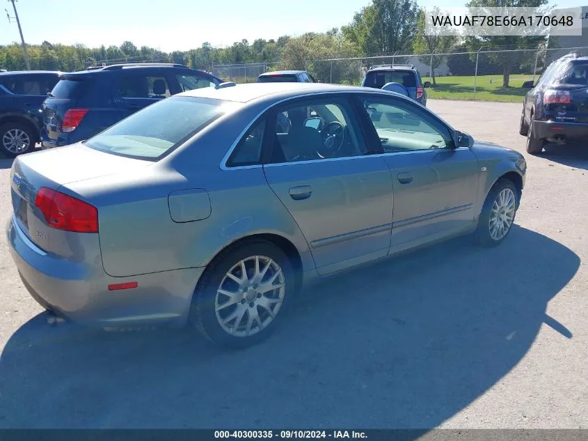 2006 Audi A4 2.0T VIN: WAUAF78E66A170648 Lot: 40300335