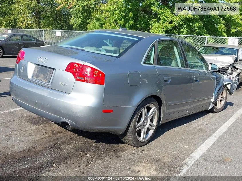 2006 Audi A4 2.0T VIN: WAUDF78E46A172668 Lot: 40301124