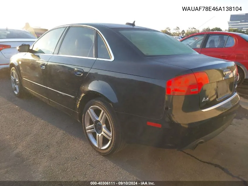 WAUAF78E46A138104 2006 Audi A4 2 Turbo