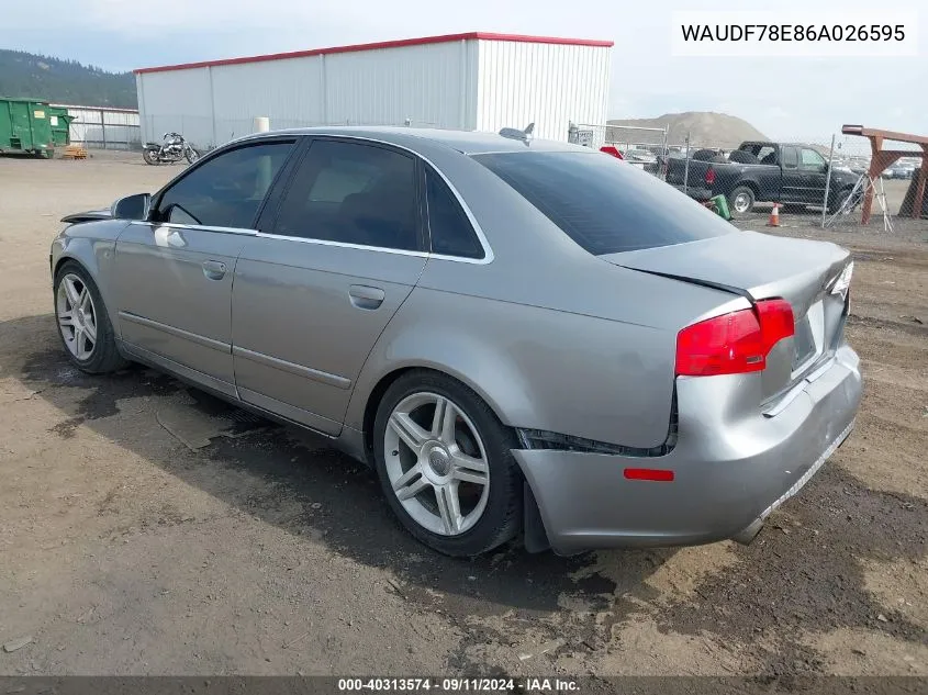 2006 Audi A4 2.0T VIN: WAUDF78E86A026595 Lot: 40313574