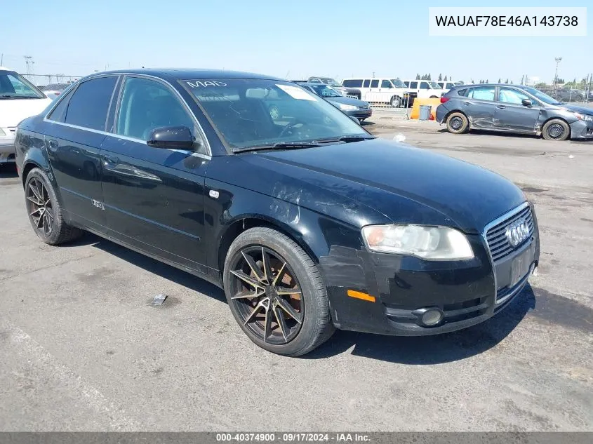 2006 Audi A4 2.0T VIN: WAUAF78E46A143738 Lot: 40374900