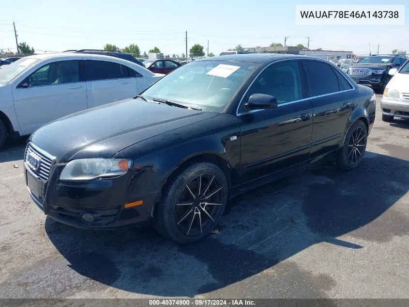 2006 Audi A4 2.0T VIN: WAUAF78E46A143738 Lot: 40374900