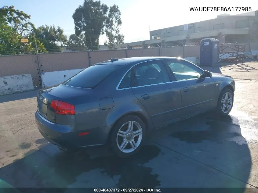 2006 Audi A4 2.0T VIN: WAUDF78E86A177985 Lot: 40407372