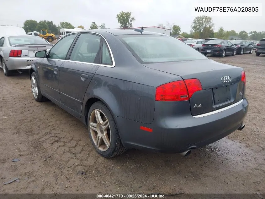 2006 Audi A4 2.0T VIN: WAUDF78E76A020805 Lot: 40421770