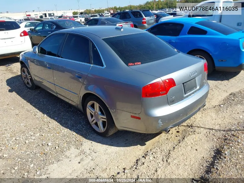 2006 Audi A4 2.0T VIN: WAUDF78E46A116035 Lot: 40685634