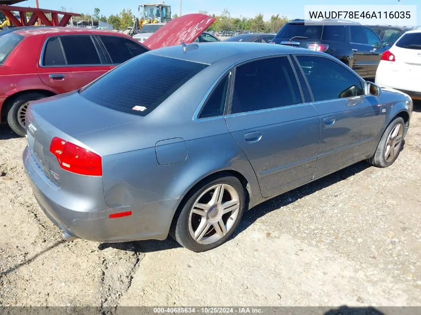 2006 Audi A4 2.0T VIN: WAUDF78E46A116035 Lot: 40685634