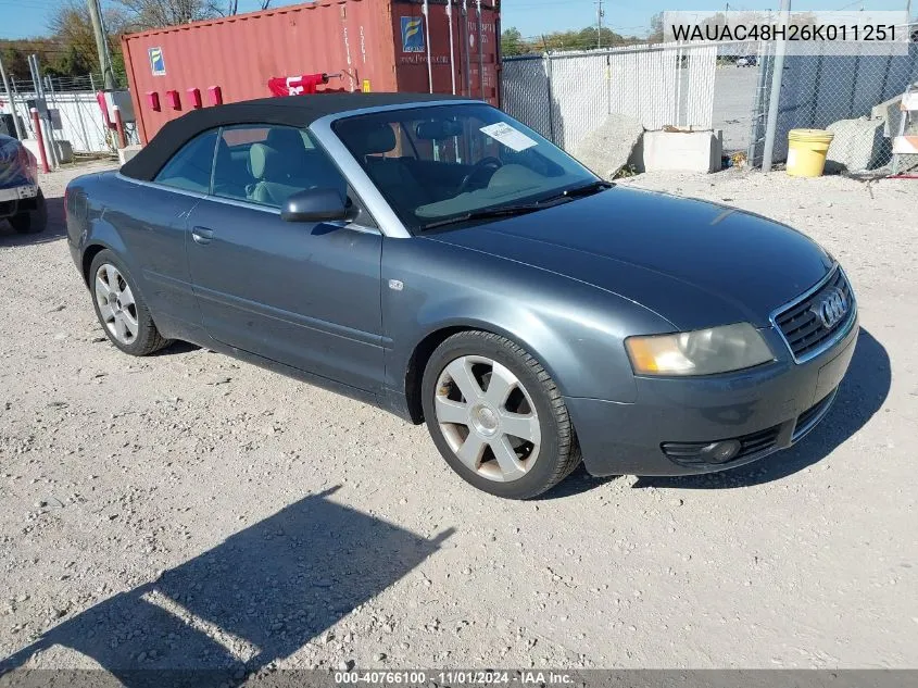 2006 Audi A4 1.8T VIN: WAUAC48H26K011251 Lot: 40766100