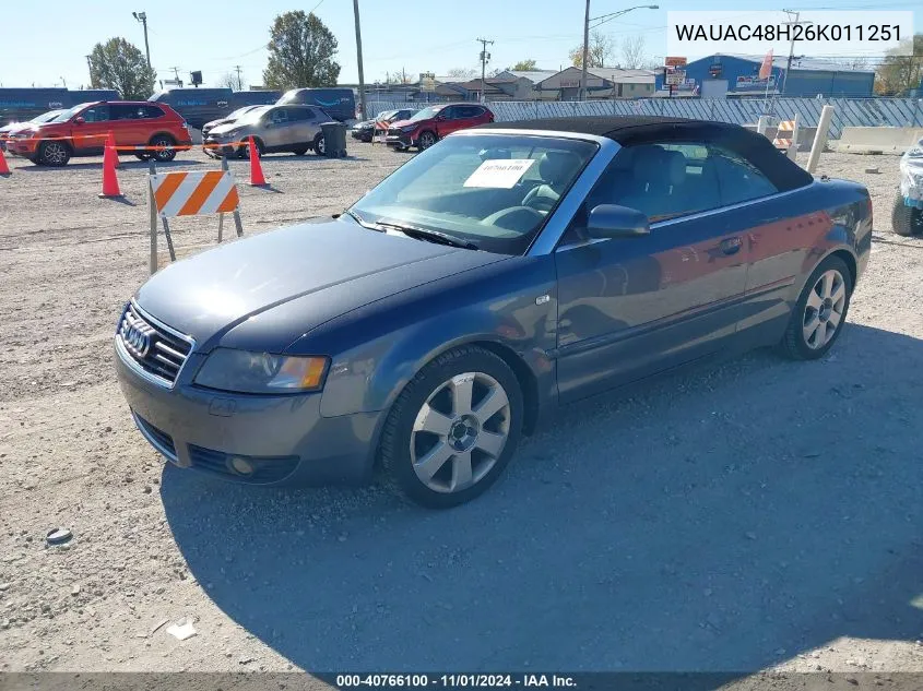 2006 Audi A4 1.8T VIN: WAUAC48H26K011251 Lot: 40766100