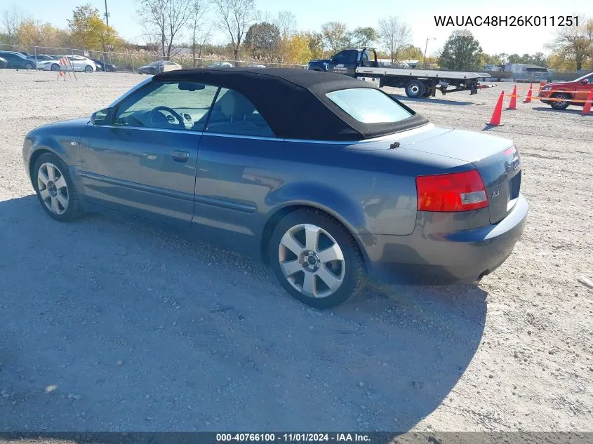 2006 Audi A4 1.8T VIN: WAUAC48H26K011251 Lot: 40766100