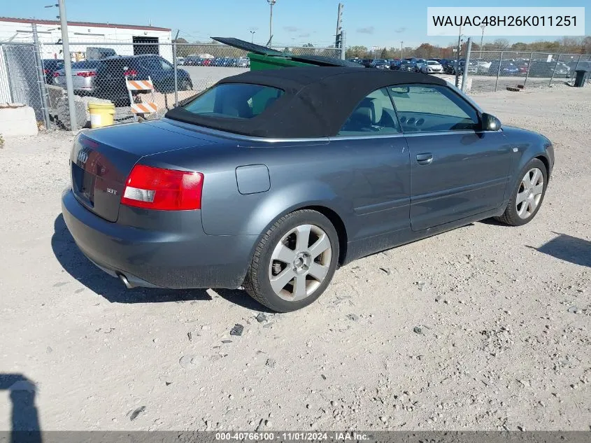 2006 Audi A4 1.8T VIN: WAUAC48H26K011251 Lot: 40766100