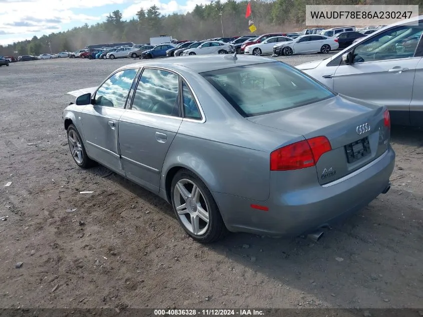 2006 Audi A4 2.0T VIN: WAUDF78E86A230247 Lot: 40836328