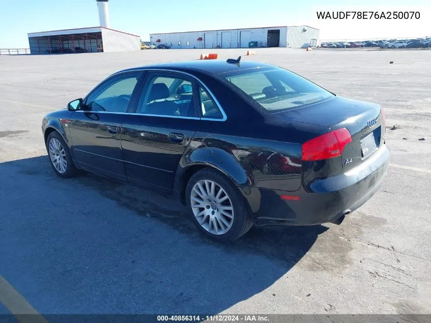 2006 Audi A4 2.0T VIN: WAUDF78E76A250070 Lot: 40856314