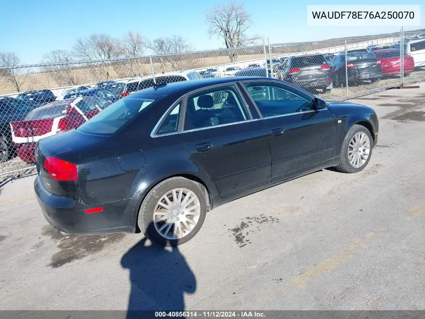 2006 Audi A4 2.0T VIN: WAUDF78E76A250070 Lot: 40856314