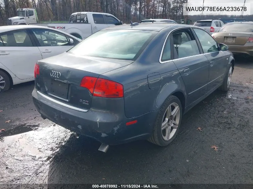 2006 Audi A4 2.0T VIN: WAUDF78E66A233678 Lot: 40878992