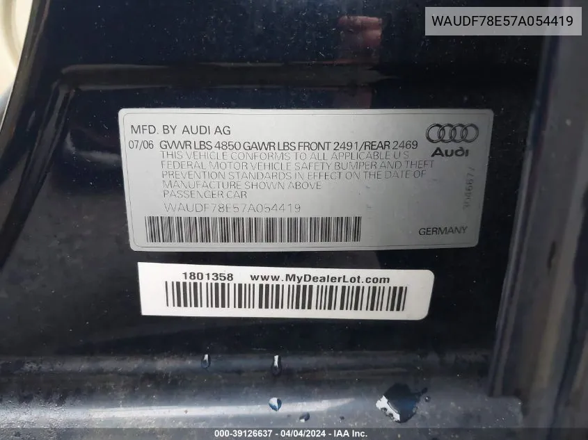 2007 Audi A4 2.0T VIN: WAUDF78E57A054419 Lot: 39126637