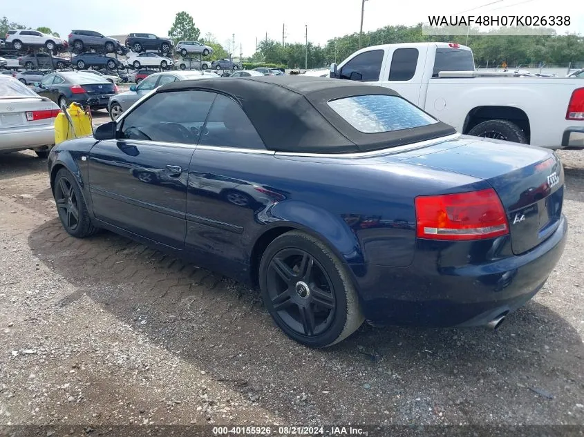 2007 Audi A4 2.0T VIN: WAUAF48H07K026338 Lot: 40155926