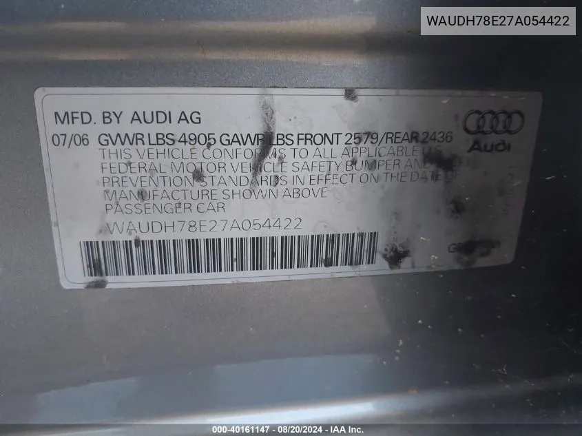 WAUDH78E27A054422 2007 Audi A4 3.2