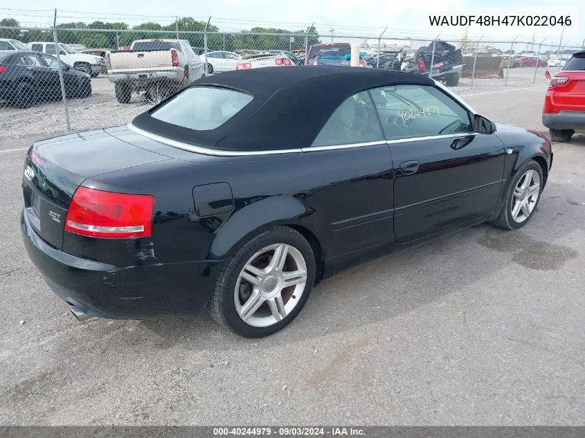 2007 Audi A4 2.0T VIN: WAUDF48H47K022046 Lot: 40244979