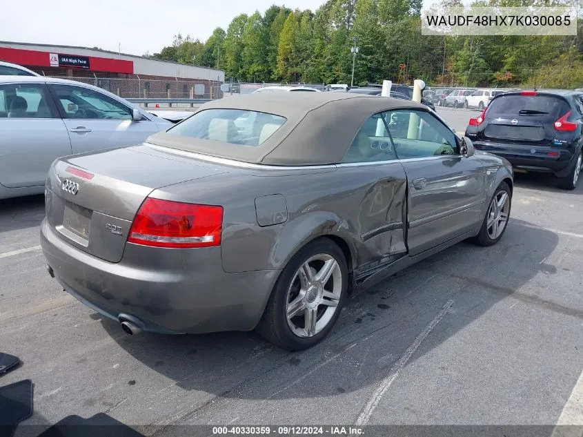 2007 Audi A4 2.0T Cabriolet Quattro VIN: WAUDF48HX7K030085 Lot: 40330359