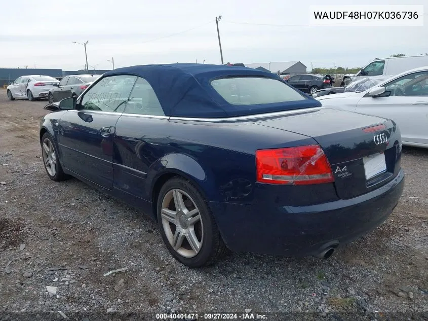 2007 Audi A4 2.0T VIN: WAUDF48H07K036736 Lot: 40401471