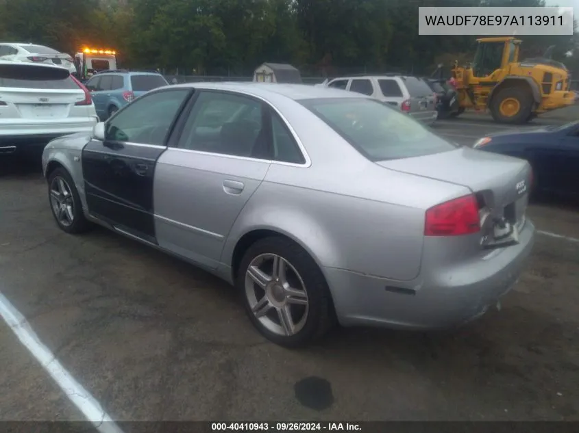 2007 Audi A4 2.0T VIN: WAUDF78E97A113911 Lot: 40410943