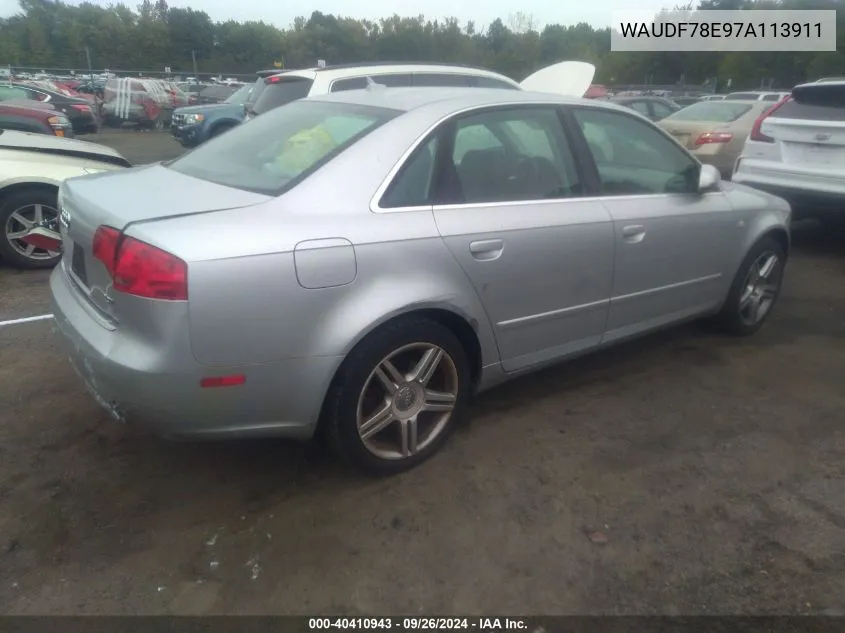 2007 Audi A4 2.0T VIN: WAUDF78E97A113911 Lot: 40410943