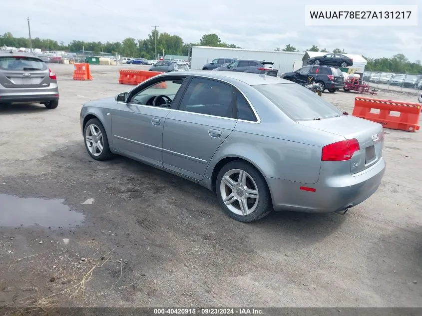 2007 Audi A4 2.0T VIN: WAUAF78E27A131217 Lot: 40420915