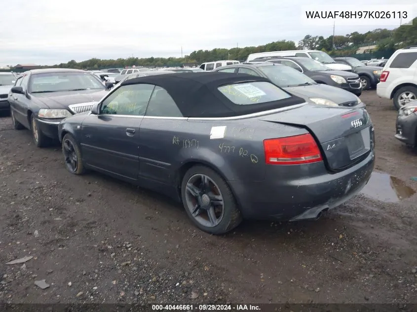 2007 Audi A4 2.0T VIN: WAUAF48H97K026113 Lot: 40446661