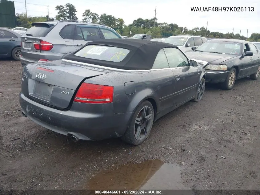 2007 Audi A4 2.0T VIN: WAUAF48H97K026113 Lot: 40446661