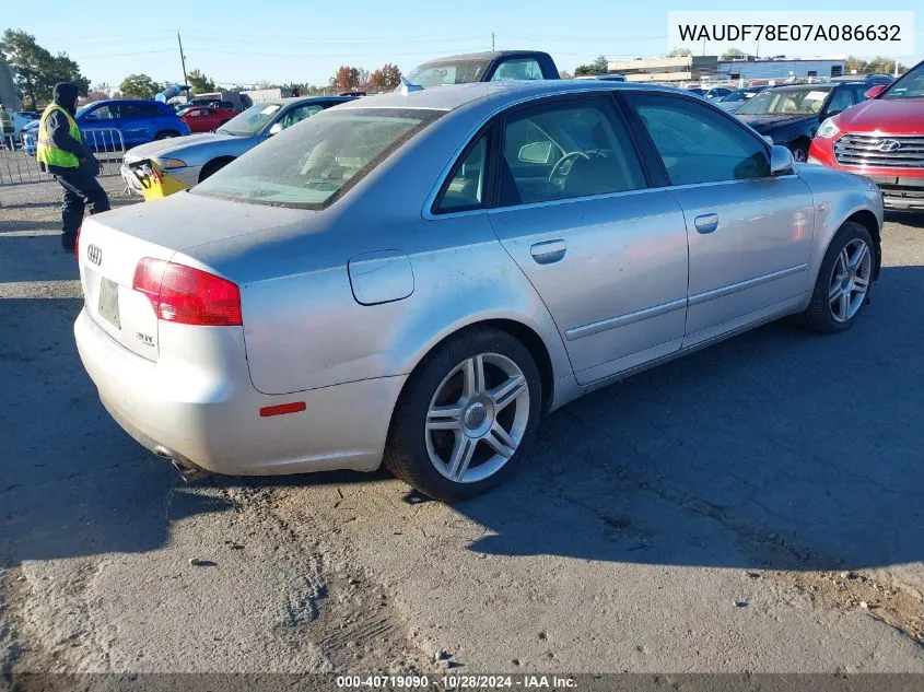 2007 Audi A4 2.0T Quattro VIN: WAUDF78E07A086632 Lot: 40719090