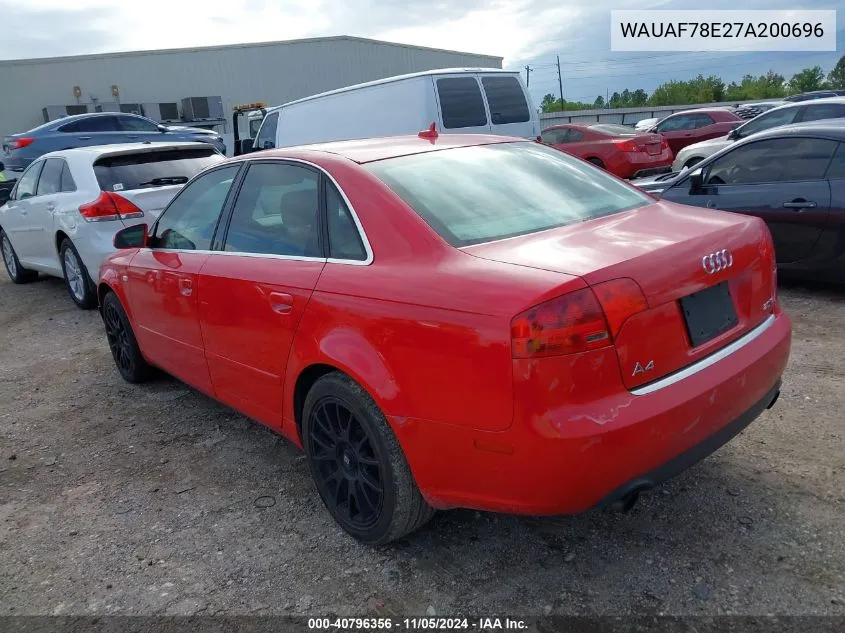 2007 Audi A4 2.0T VIN: WAUAF78E27A200696 Lot: 40796356